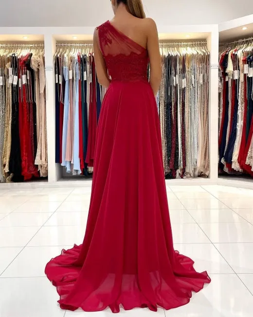 One Shoulder Red Prom Dress Floor Length Sleeveless Maxi Dress with Front Slit