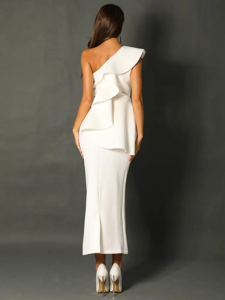 One Shoulder Ruffles Midi Wedding Guest Dress
