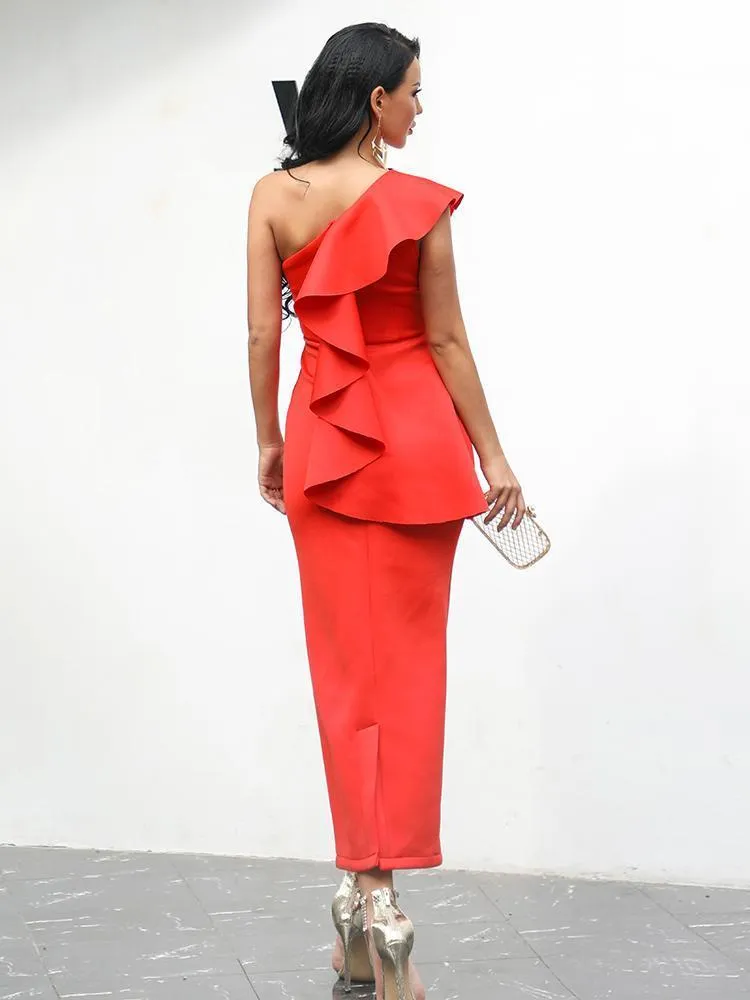 One Shoulder Ruffles Midi Wedding Guest Dress