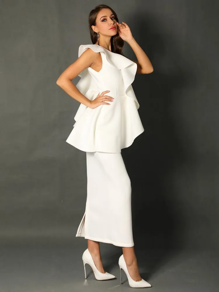 One Shoulder Ruffles Midi Wedding Guest Dress