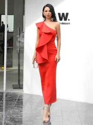 One Shoulder Ruffles Midi Wedding Guest Dress