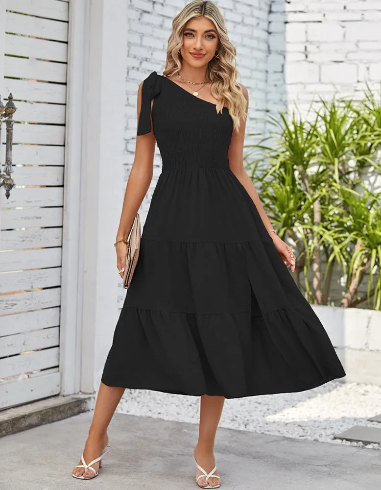 Plain One Shoulder Sleeveless Pleated Midi A-Line Dresses