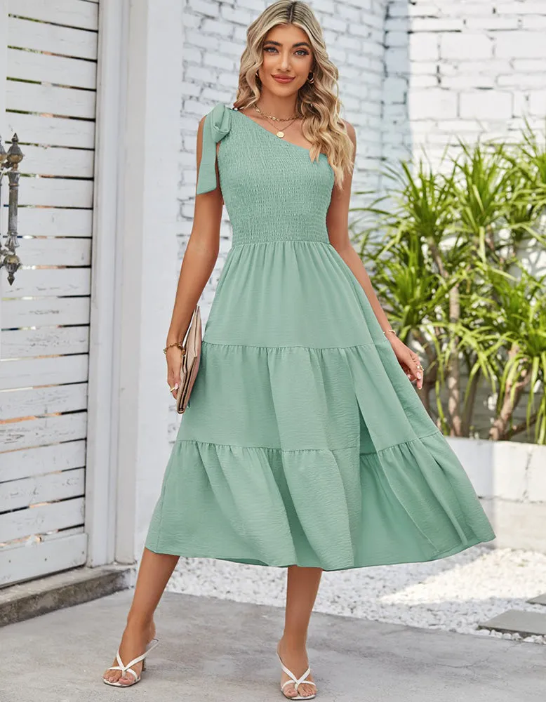 Plain One Shoulder Sleeveless Pleated Midi A-Line Dresses