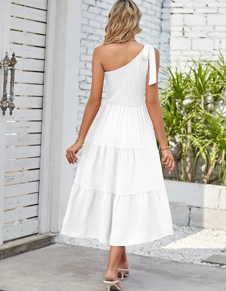 Plain One Shoulder Sleeveless Pleated Midi A-Line Dresses