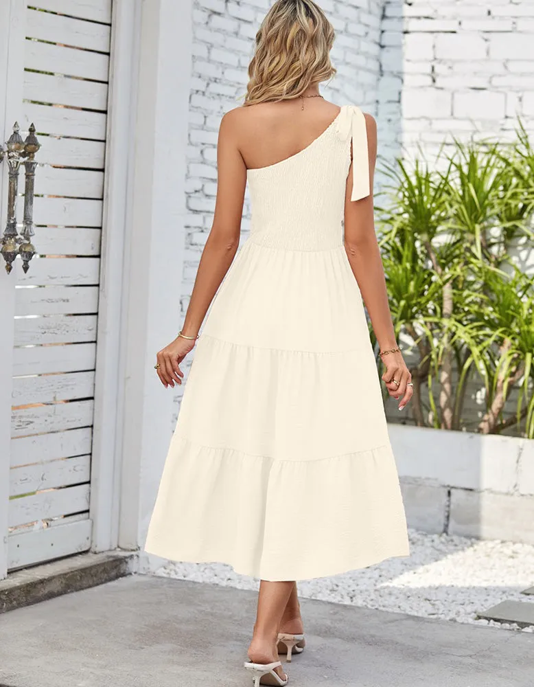 Plain One Shoulder Sleeveless Pleated Midi A-Line Dresses