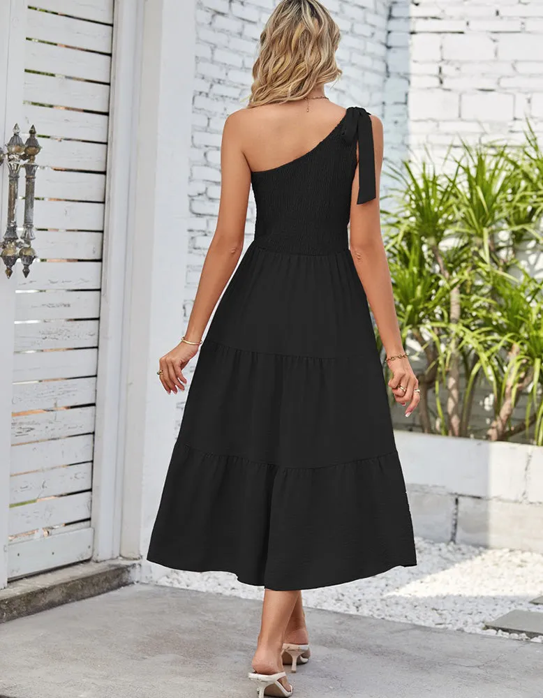 Plain One Shoulder Sleeveless Pleated Midi A-Line Dresses