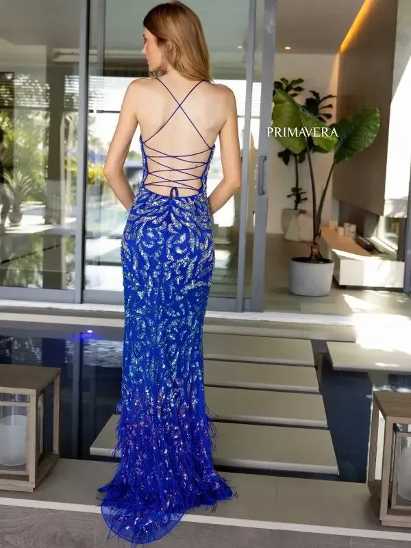 Primavera Couture 4147 Long Prom Dress Fitted Lace Up Back Sequin Feathers Scoop Neck High Slit Formal Pageant Gown