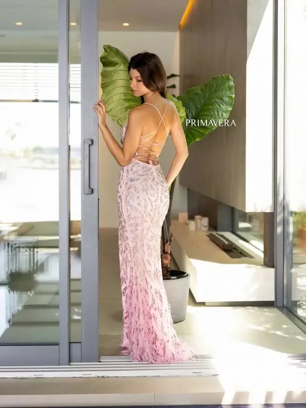 Primavera Couture 4147 Long Prom Dress Fitted Lace Up Back Sequin Feathers Scoop Neck High Slit Formal Pageant Gown