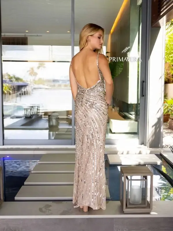 Primavera Couture 4171 Long Prom Dress Fitted Plunging V Neckline High Slit Sequin Formal Pageant Gown