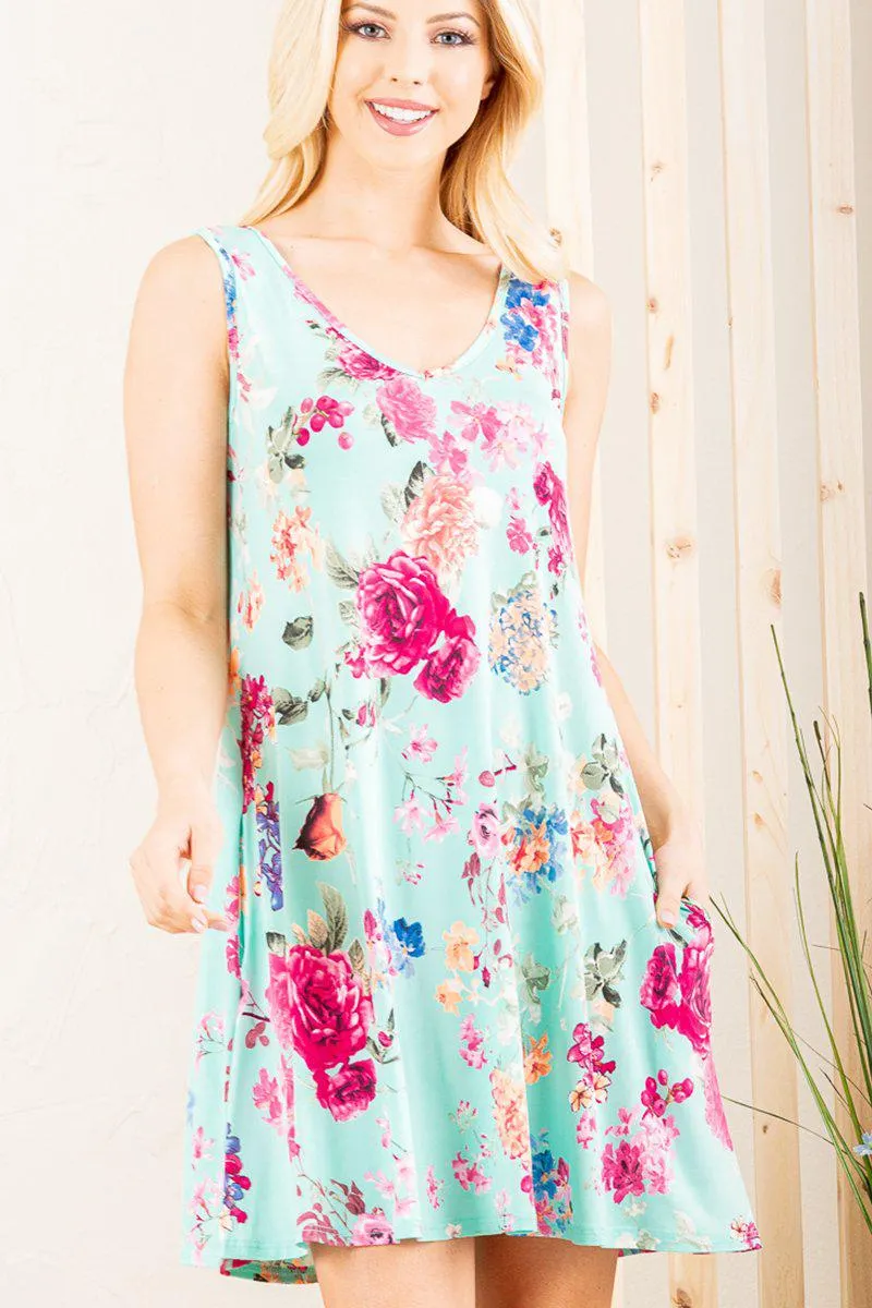 "Feeling It" V Neck Floral Tank Dress with Pockets