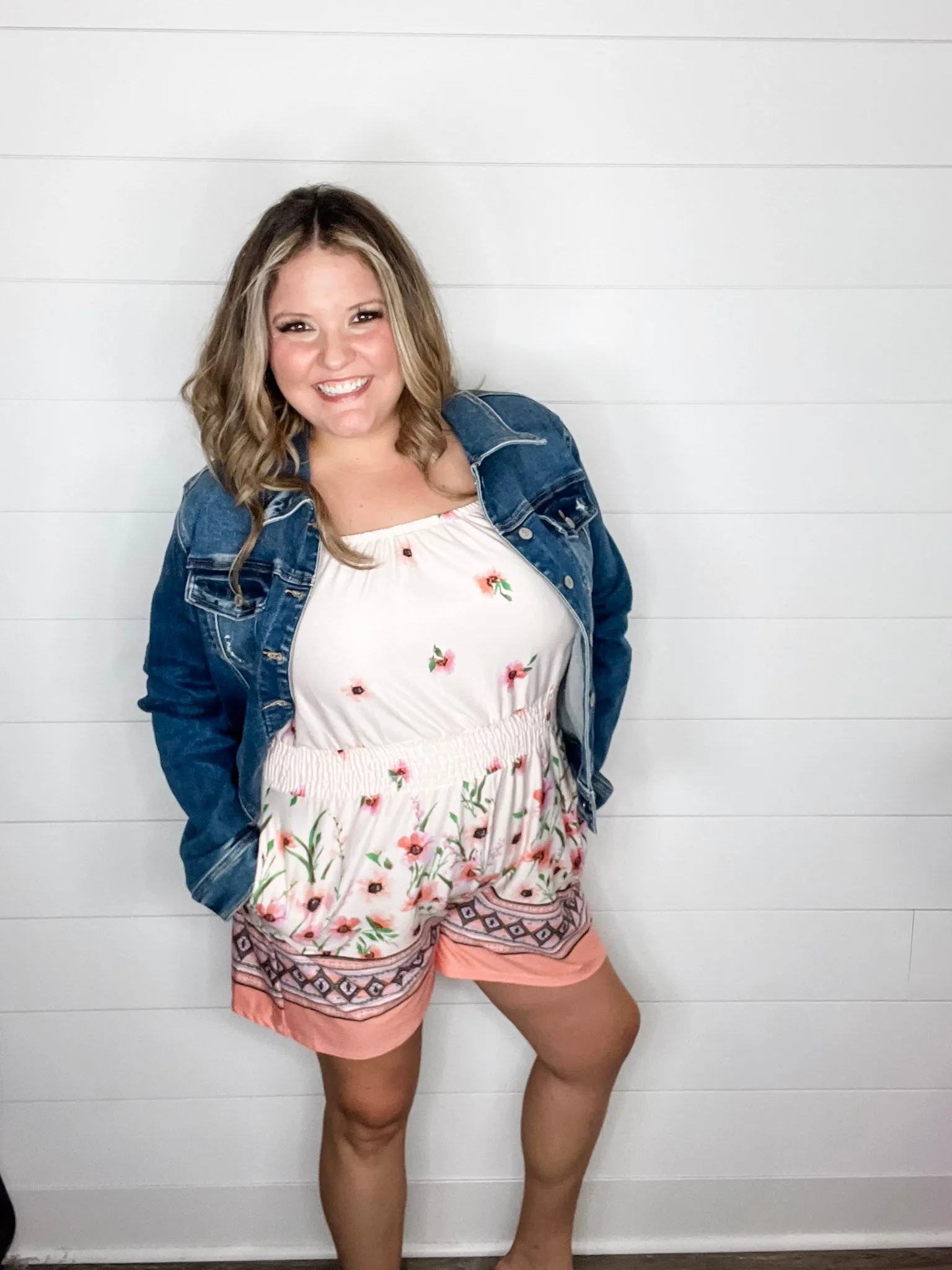 "Gideon" Ruffle Strap Romper with Pockets (Coral & Peach)