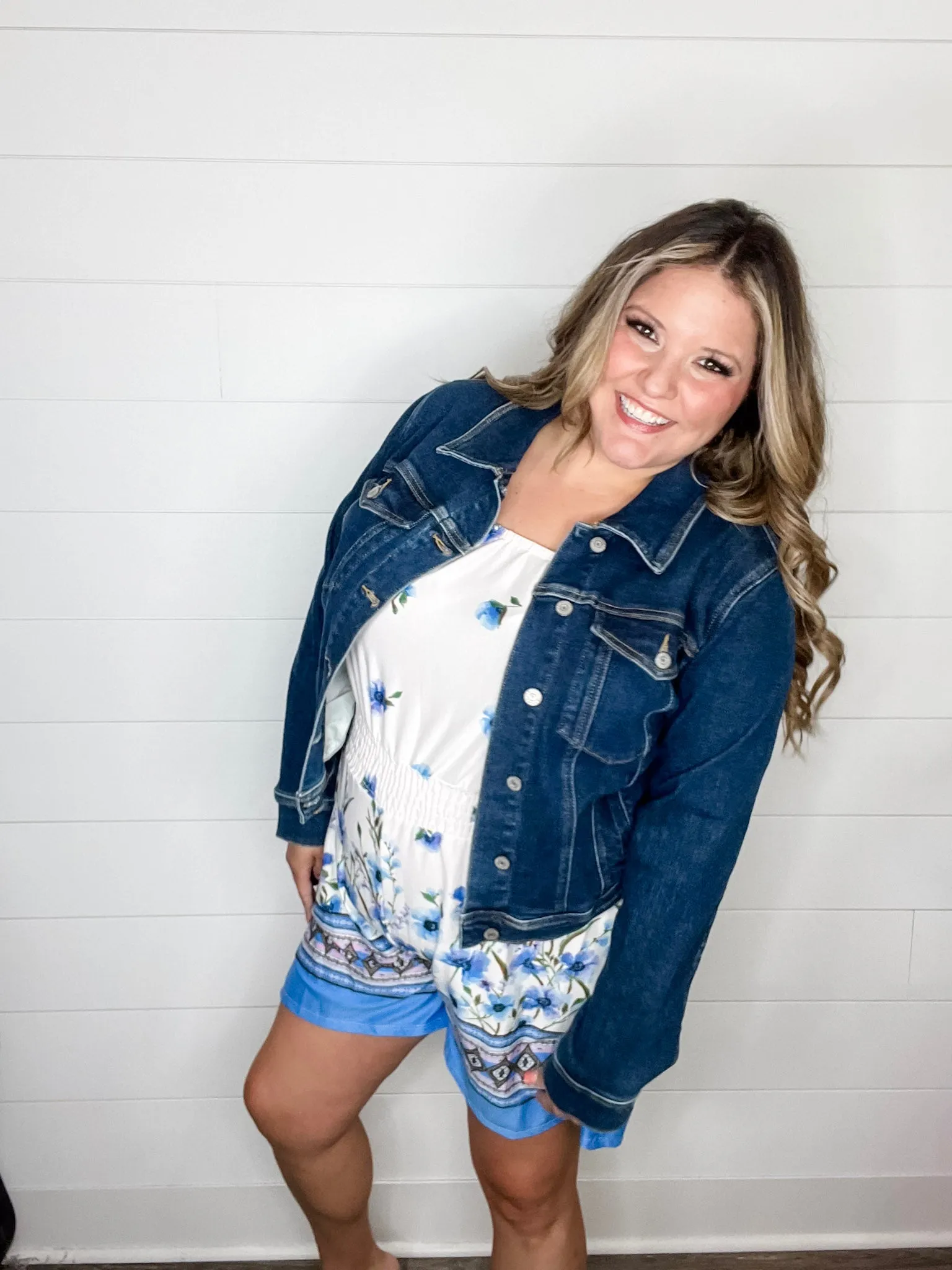 "Gideon" Ruffle Strap Romper with Pockets Cream & Blue