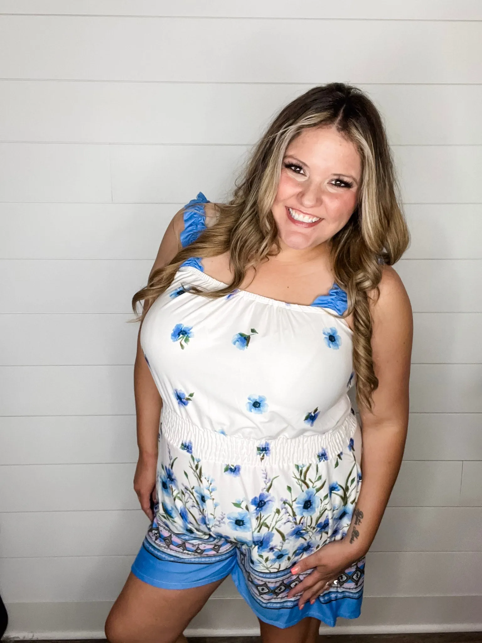 "Gideon" Ruffle Strap Romper with Pockets Cream & Blue