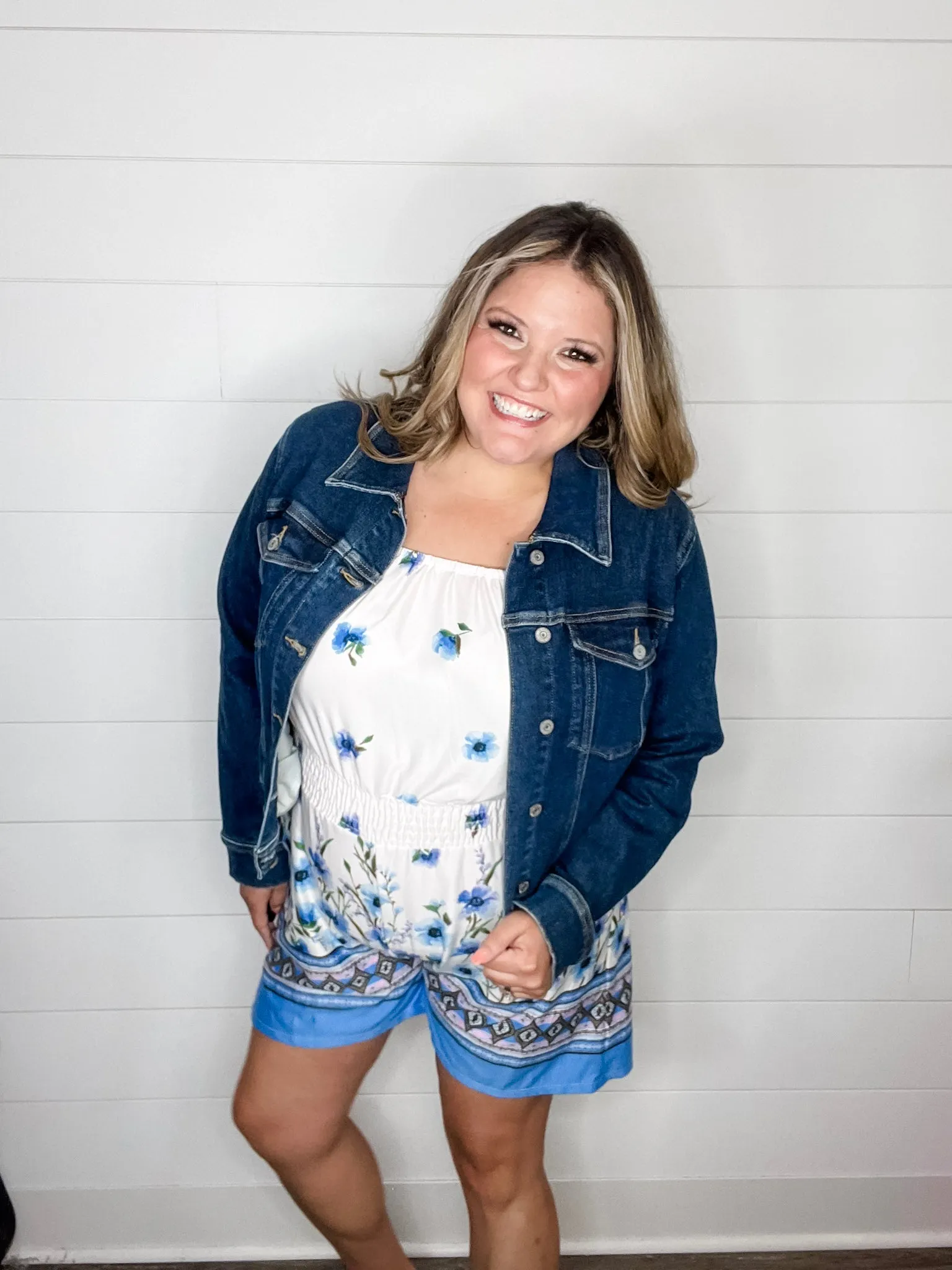 "Gideon" Ruffle Strap Romper with Pockets Cream & Blue