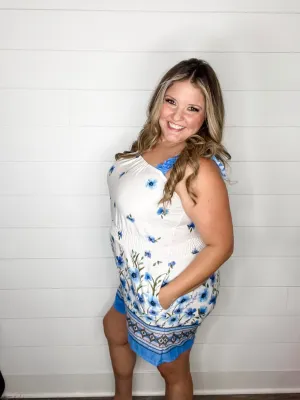 "Gideon" Ruffle Strap Romper with Pockets Cream & Blue