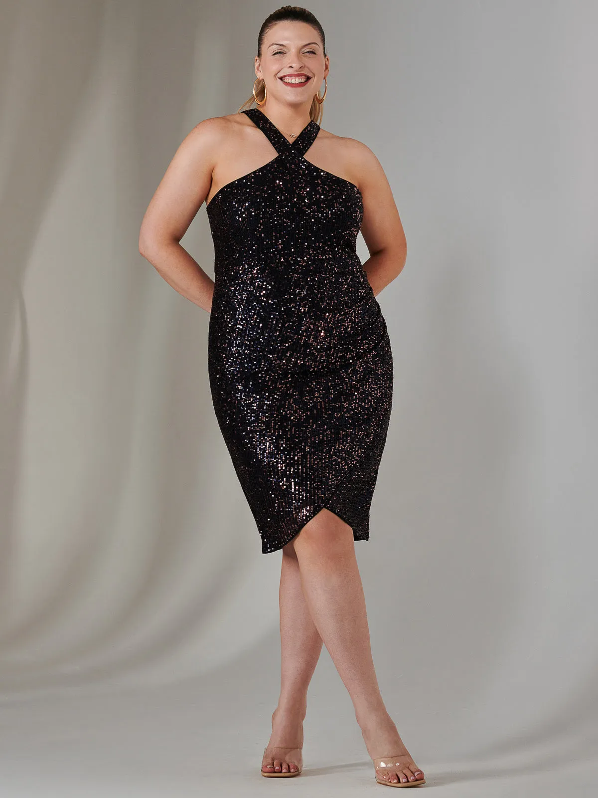Sequin Halter Neck Wrap Dress, Navy Multi