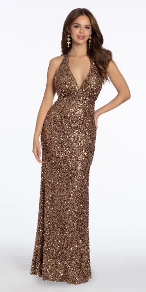 Sequin Halter Tie Back Column Dress