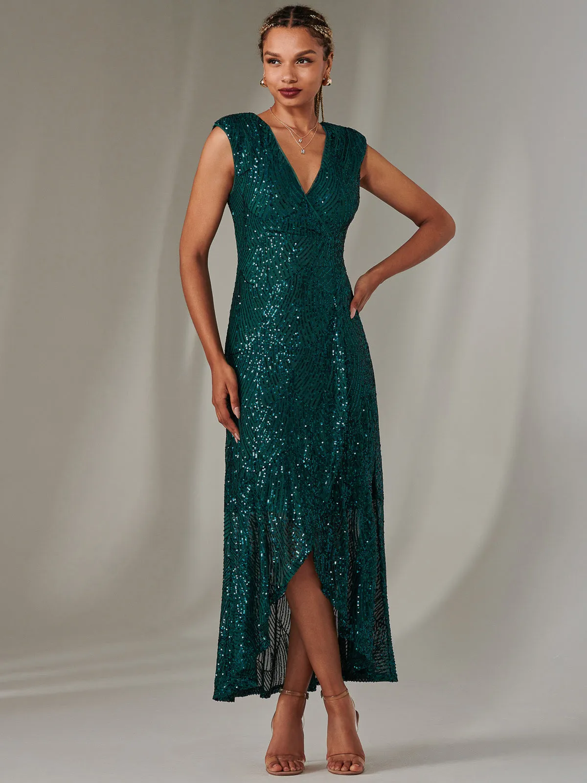 Sequin Ruffle Hem Maxi Dress, Green