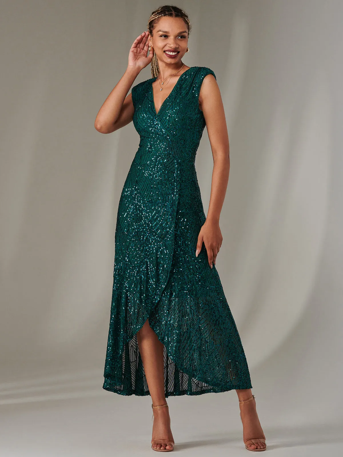 Sequin Ruffle Hem Maxi Dress, Green
