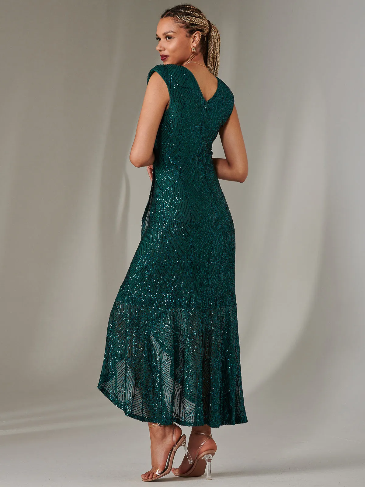 Sequin Ruffle Hem Maxi Dress, Green