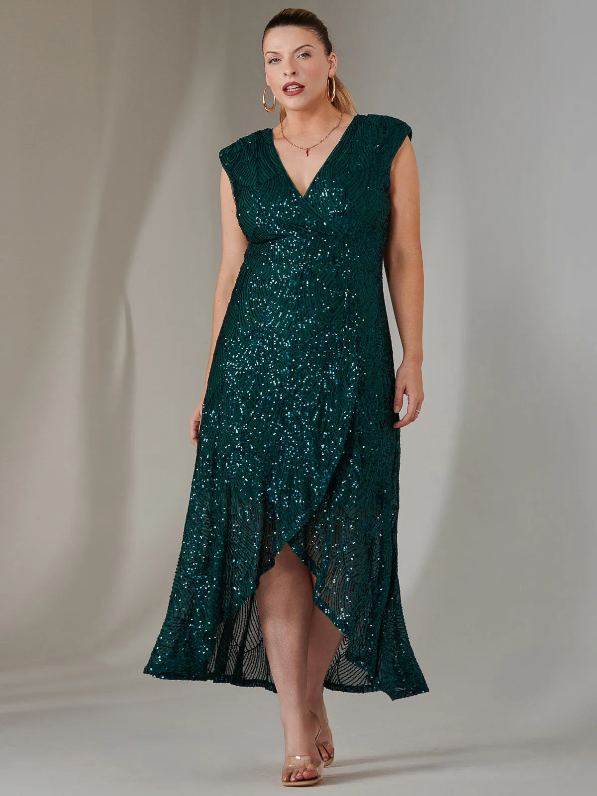 Sequin Ruffle Hem Maxi Dress, Green
