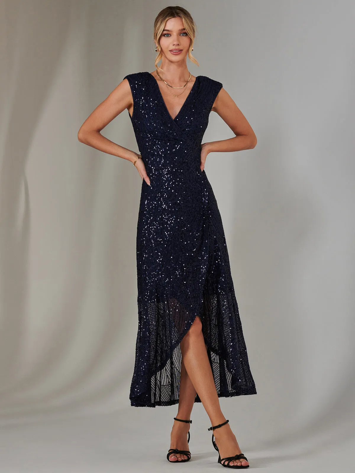 Sequin Ruffle Hem Maxi Dress, Navy