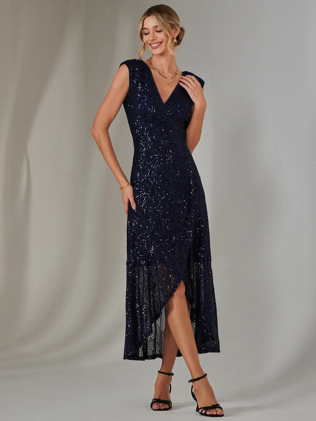 Sequin Ruffle Hem Maxi Dress, Navy