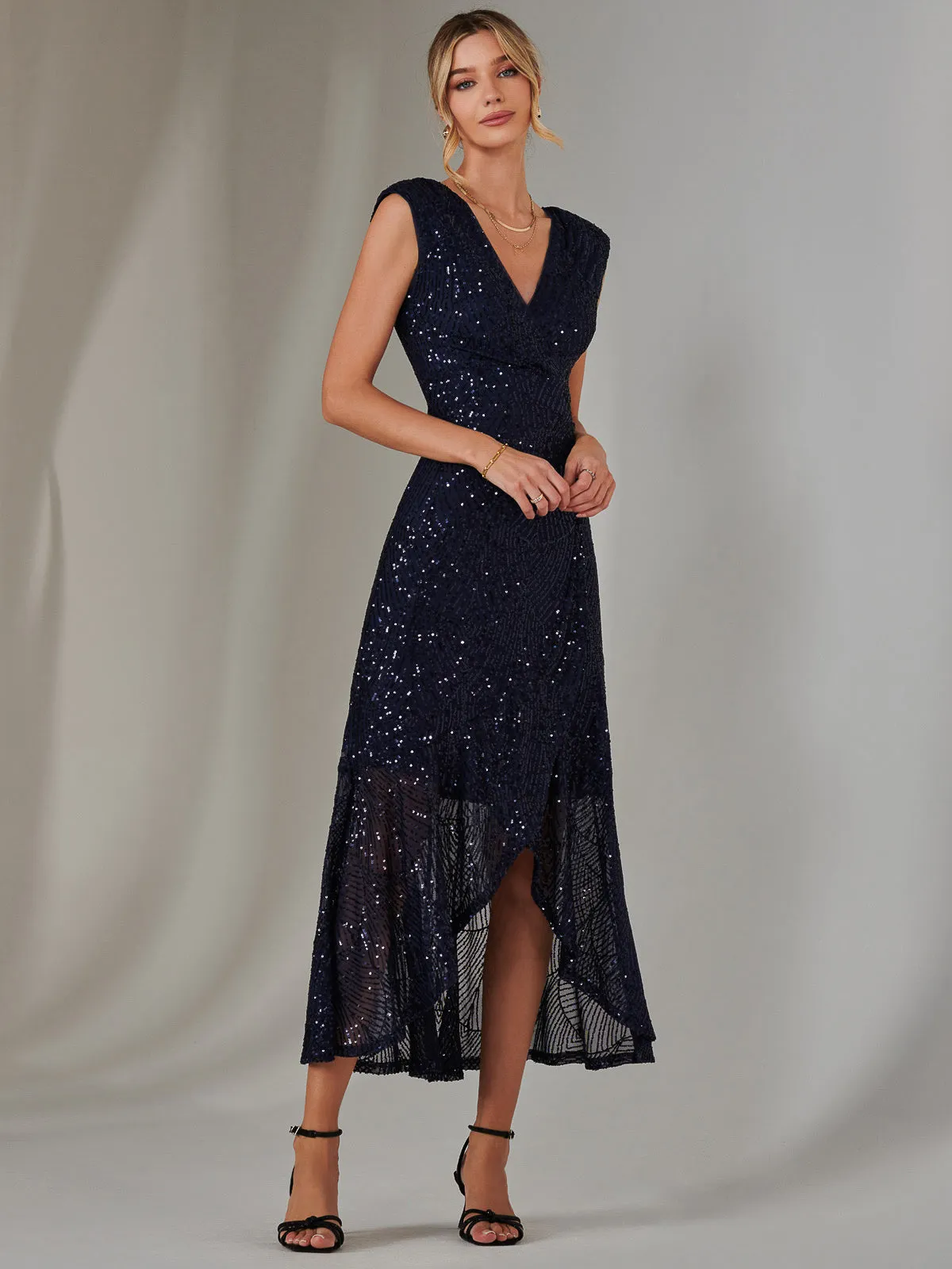 Sequin Ruffle Hem Maxi Dress, Navy