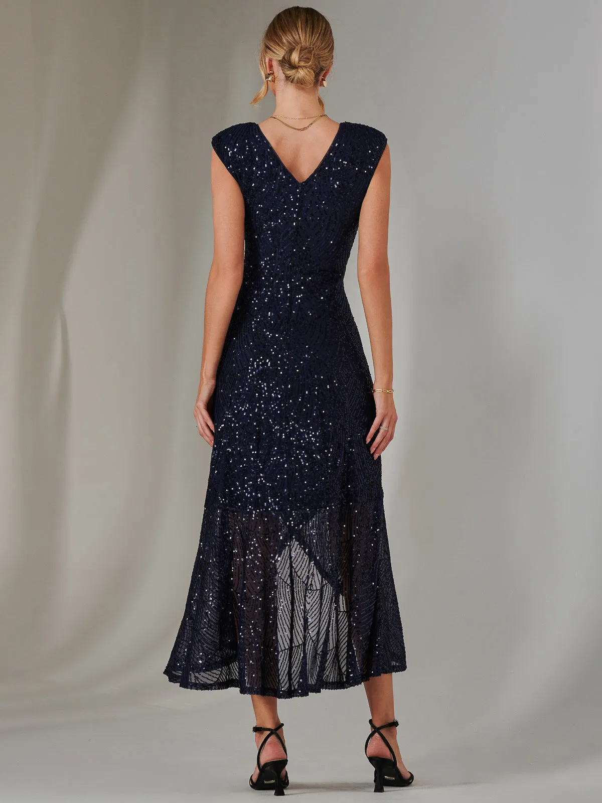 Sequin Ruffle Hem Maxi Dress, Navy