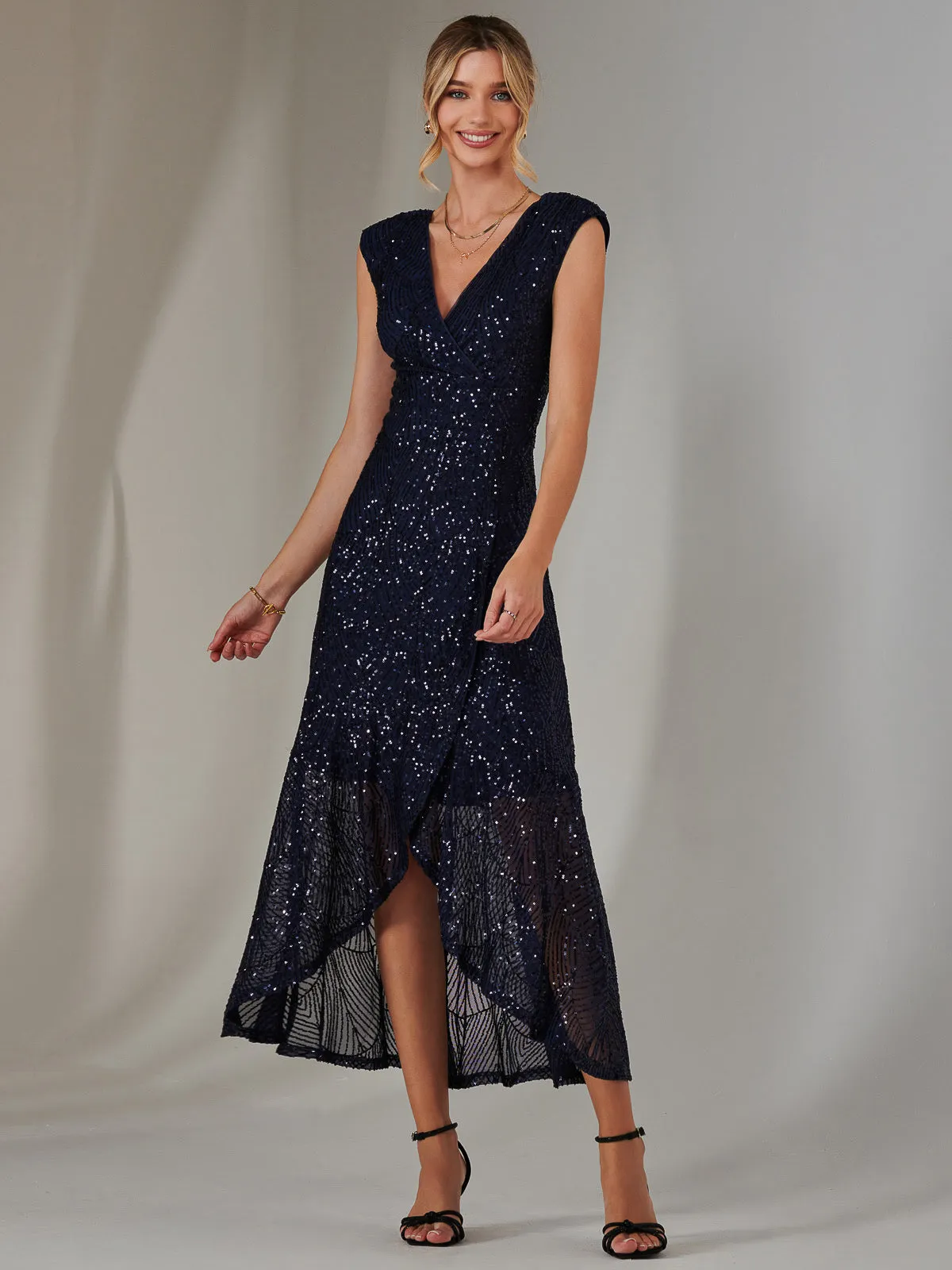 Sequin Ruffle Hem Maxi Dress, Navy