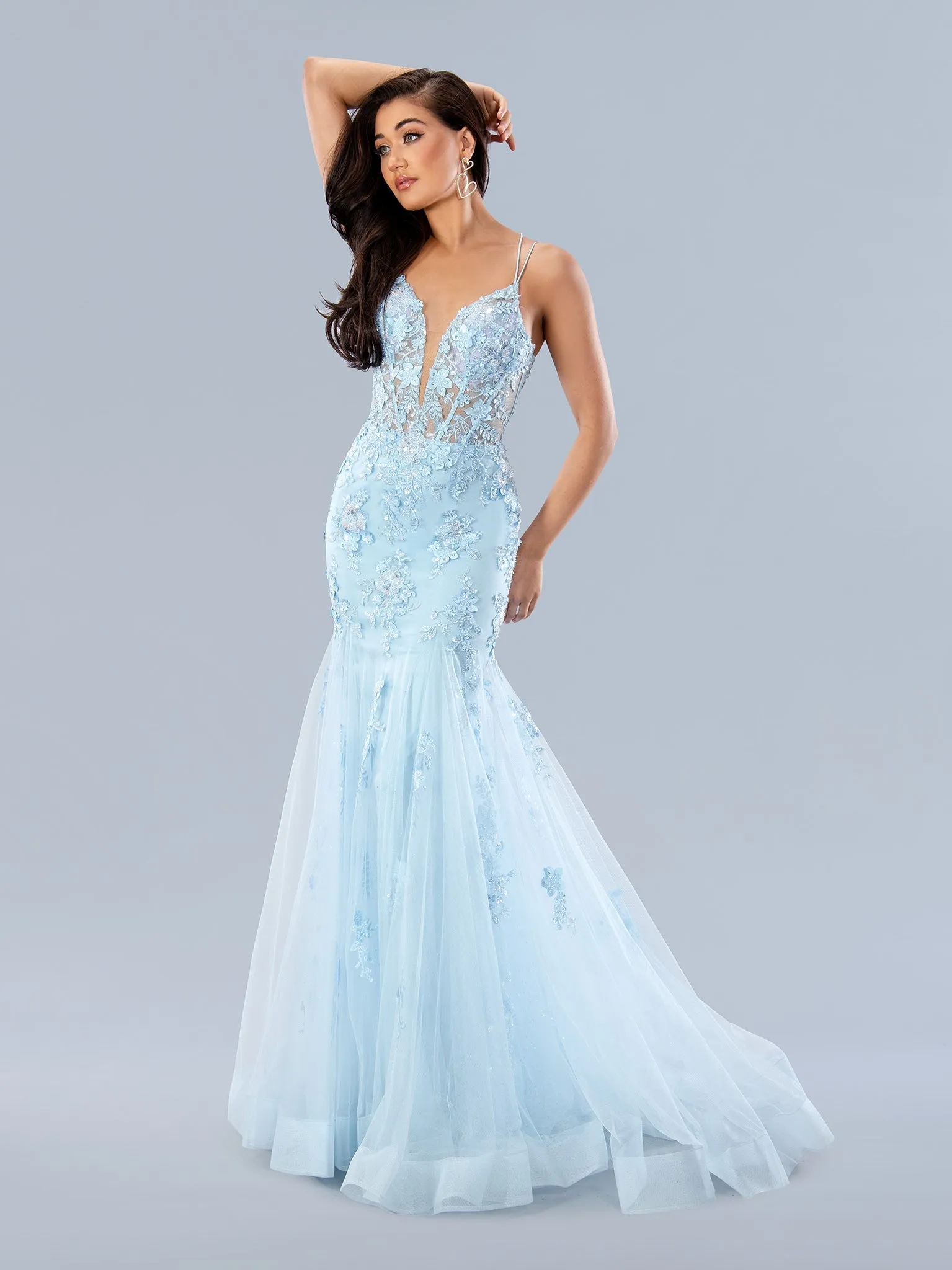 Stella Couture 24197 Size 8 Blue Sheer Corset Lace Mermaid Prom Dress Shimmer Sequin Beaded Gown