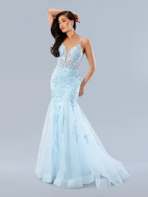 Stella Couture 24197 Size 8 Blue Sheer Corset Lace Mermaid Prom Dress Shimmer Sequin Beaded Gown