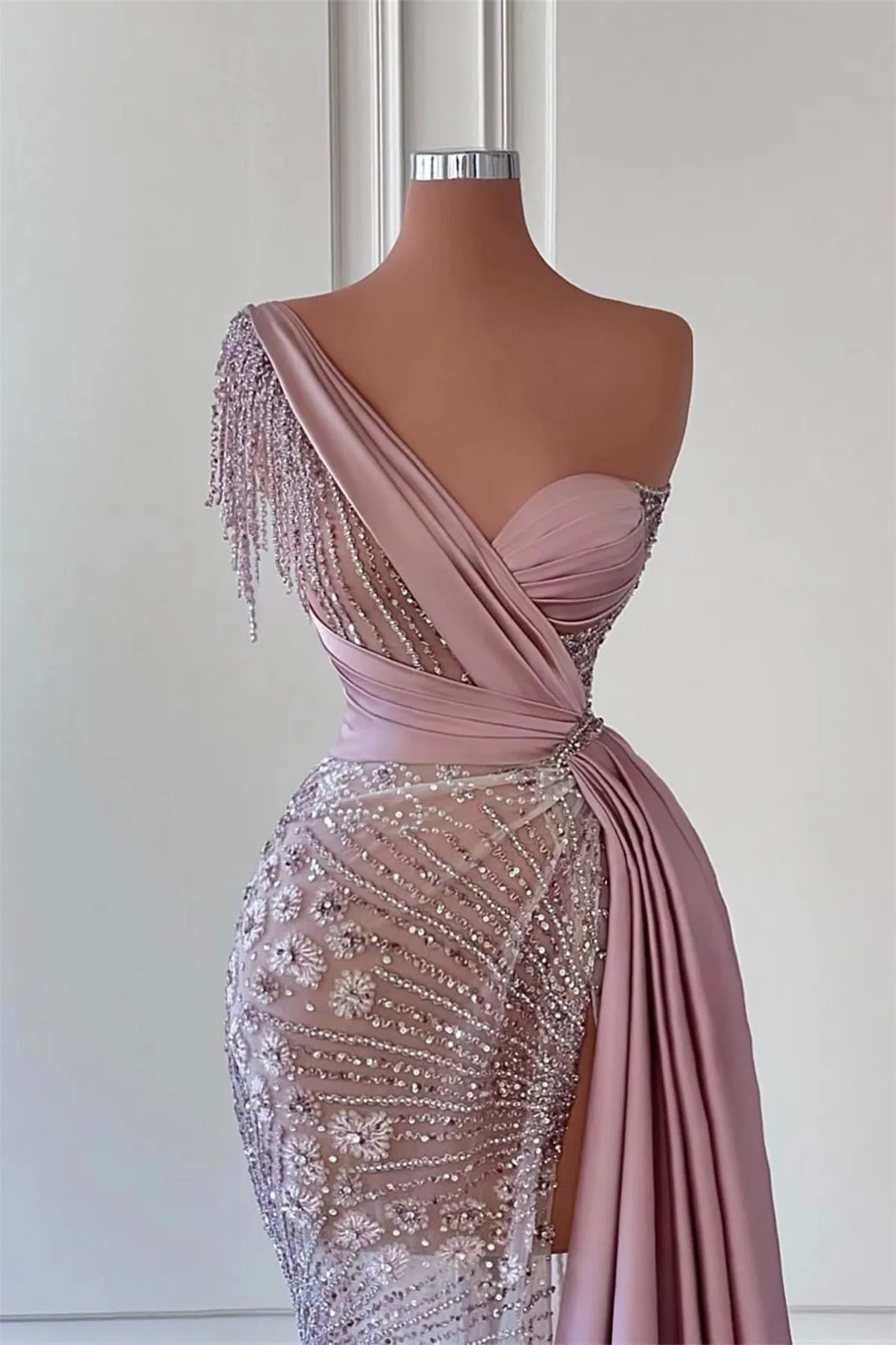 Stunning Long One Shoulder Mermaid Prom Dress with Bead Embellishments