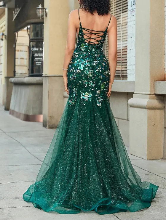 Stunning Mermaid Spaghetti Straps Dark Green Long Prom Dress with Appliques