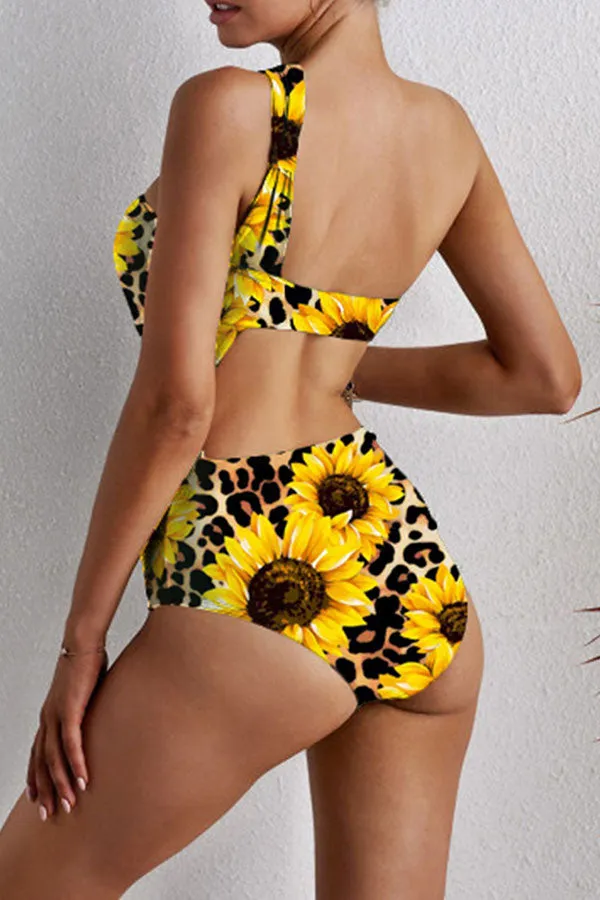 Sunflower Print Elegant One Shoulder One Piece Swimwear