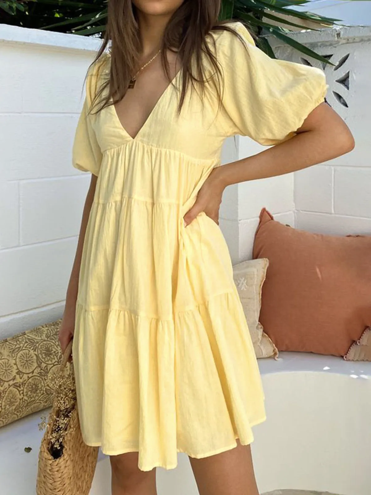 Sunshine Zippered Plunge Trendy Skater Short Dress
