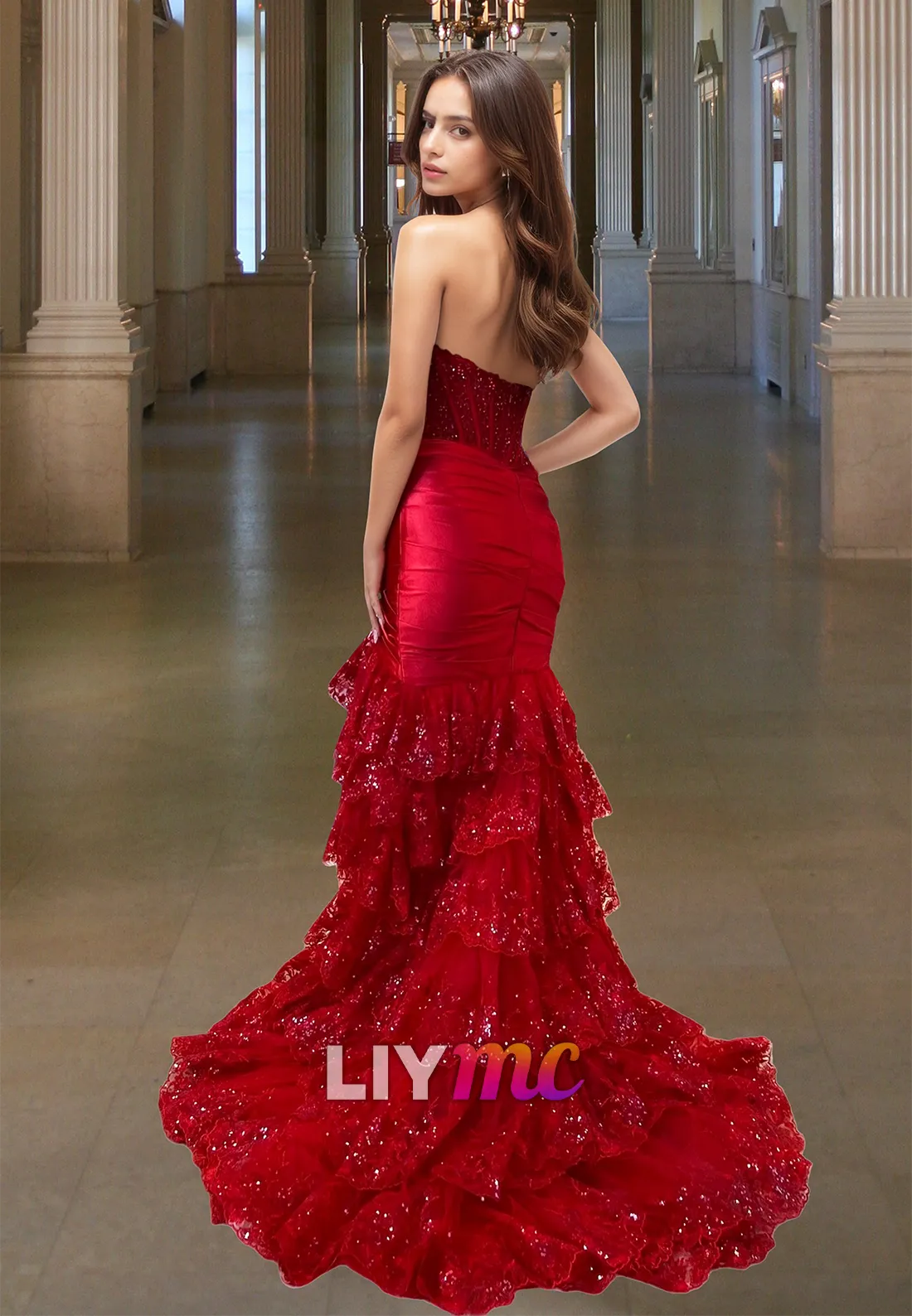 Sweetheart Sleeveless Pleated Appliques Sequins Tiered Mermaid Prom Dress