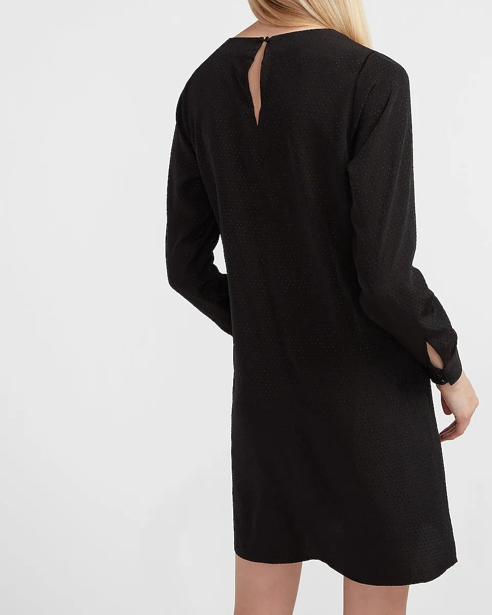Textured Dot Crew Neck Shift Dress in Pitch Black
