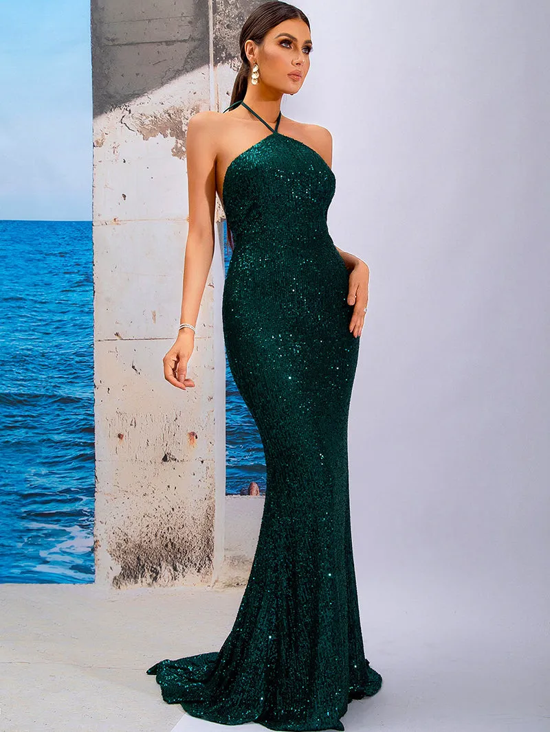 Tube Top Halter Sleeveless Tunic Sequin Mermaid Maxi Dress