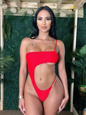 Tulum Monokini Red Textured Sheer Mesh Thong G-String One Piece Swimsuit