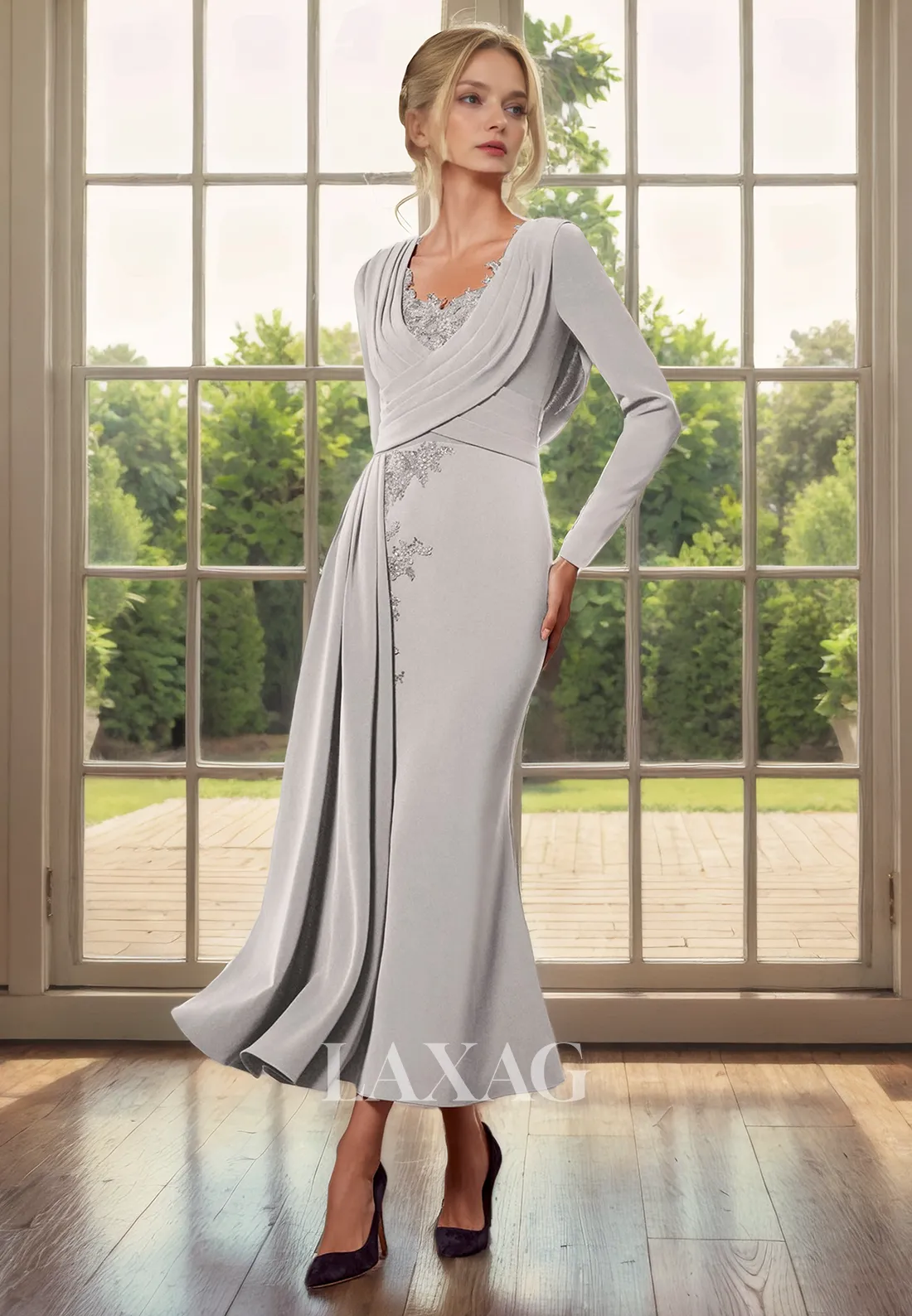 V-Neck Long Sleeves Appliques Sleek Satin Mermaid Mother of the Bride Dress