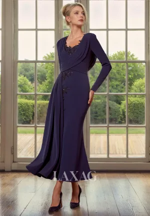 V-Neck Long Sleeves Appliques Sleek Satin Mermaid Mother of the Bride Dress