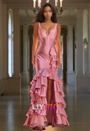 V-Neck Straps Ruffled Tiered Mermaid Prom Dress