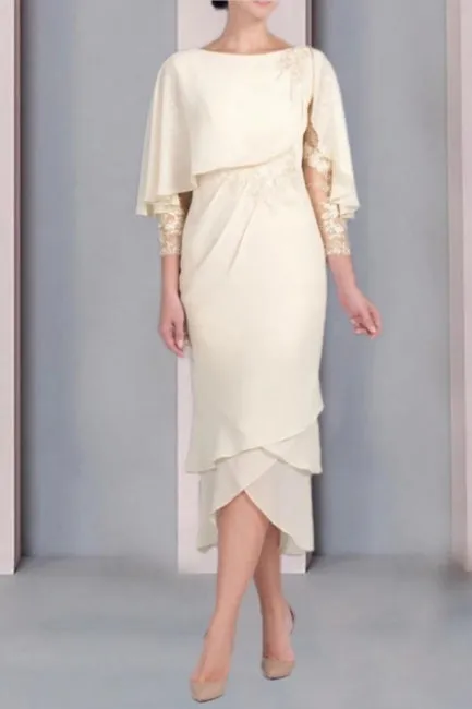 Vintage Column Mother of The Bride Dress Lace Scoop Cap Sleeve Bridesmaid Dresses With Appliques