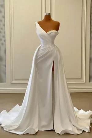 Vintage Long White One Shoulder Pearls Sleeveless Evening Dresses With Slit