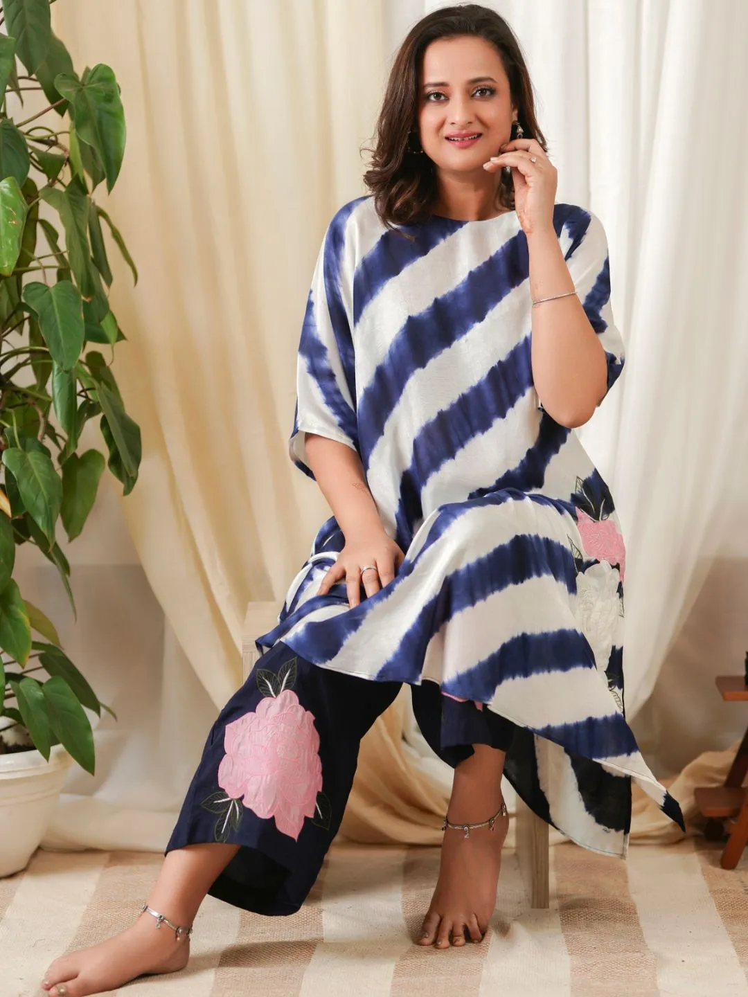 White & Blue Silk Leheriya Kaftan & Pallazo