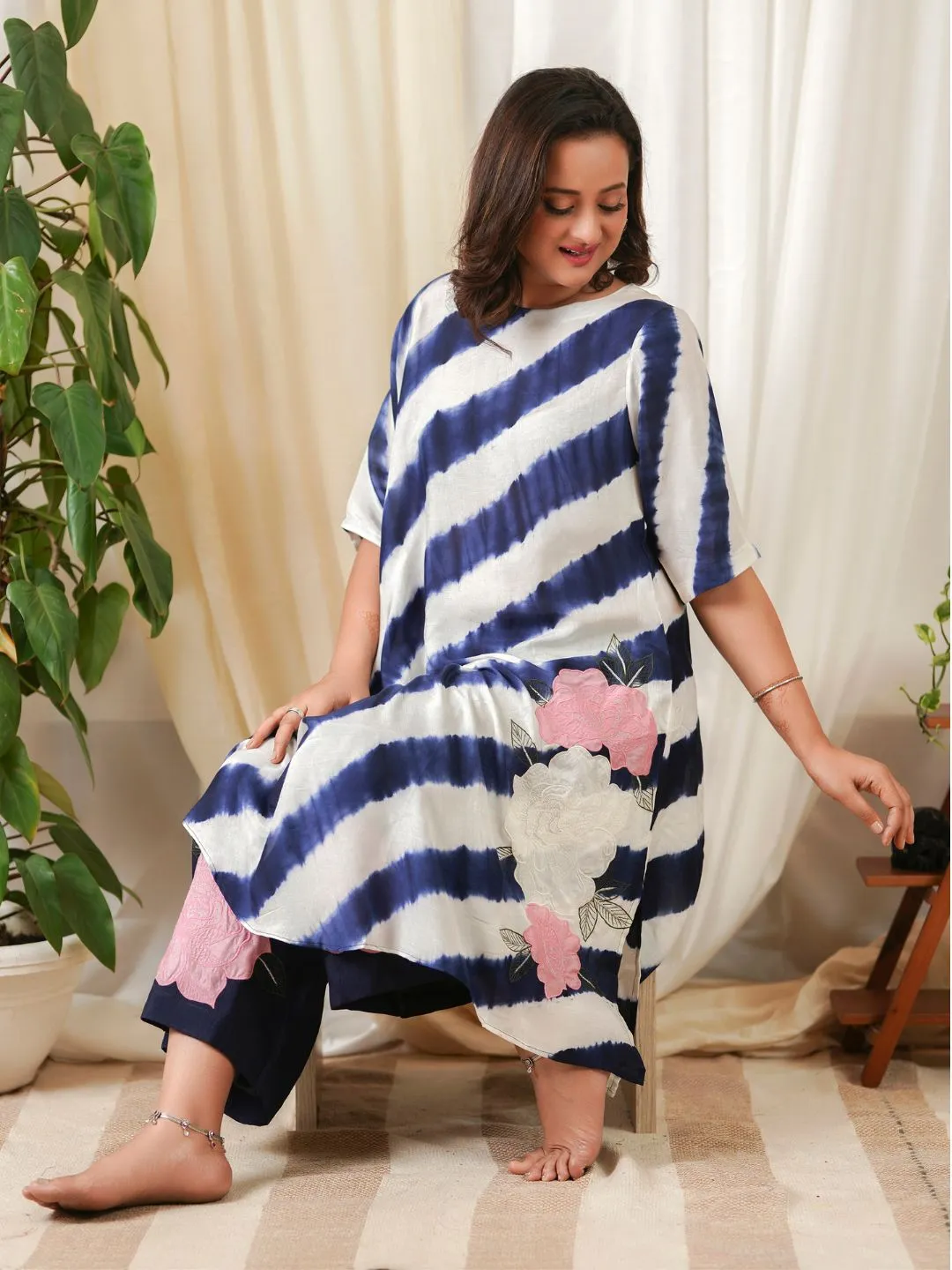 White & Blue Silk Leheriya Kaftan & Pallazo