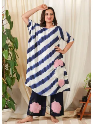 White & Blue Silk Leheriya Kaftan & Pallazo