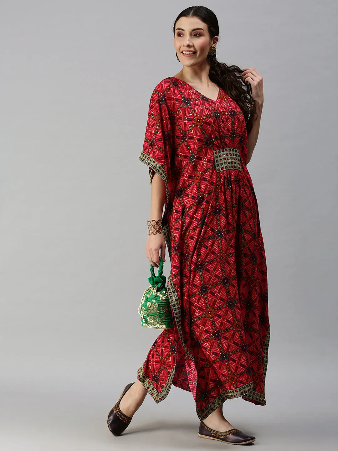 Women V-Neck Printed Pink Kaftan Kurta