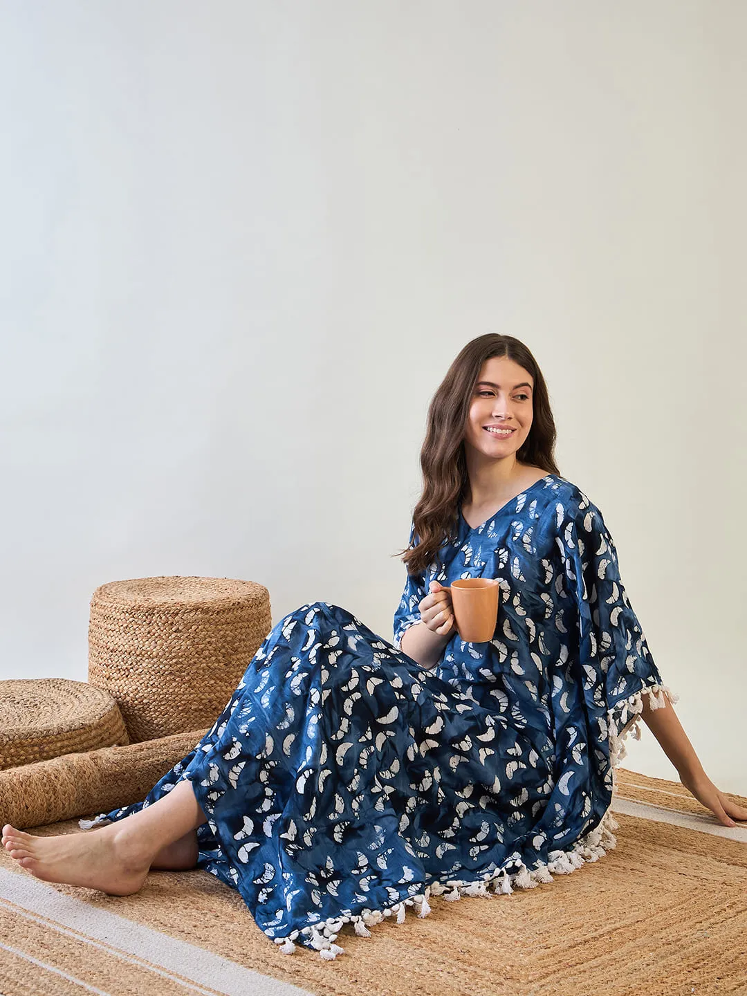 Women's Elegant Blue Batik Cotton Kaftan With White Tassel Trim - The Kaftan Company